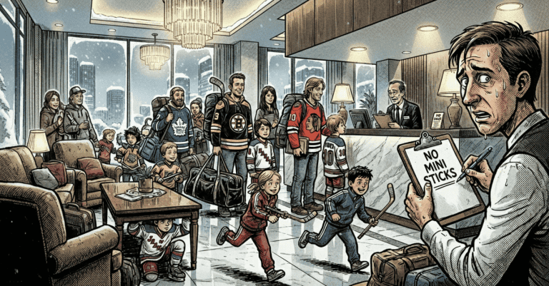 Hockey players and families at a hotel lobby reception area.